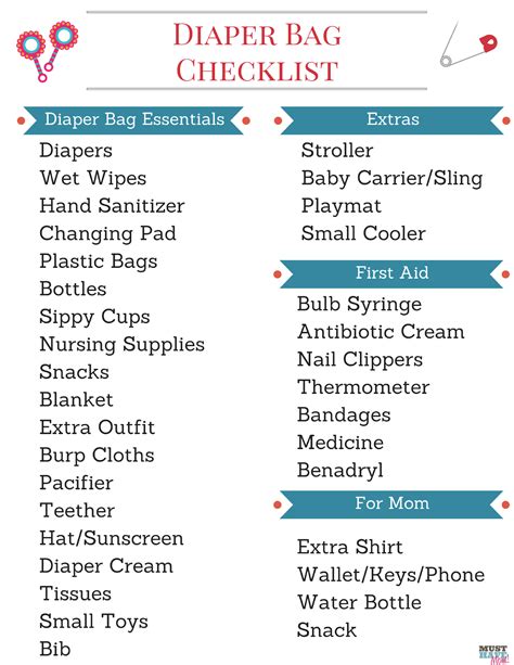 printable diaper bag checklist|must haves for diaper bag.